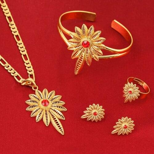 Blue Red Green Stone Ethiopian Jewelry Sets 24K Gold Color Stone Jewelry Set For Ethiopian Eritrean African Girls