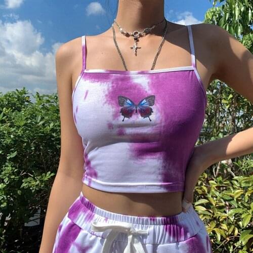 Sexy Butterfly Crop Top Woman Backless Spaghetti Strap Tank Tops Summer Clubwear Party Tie Dye Cami Top Harajuku Debardeur Femme