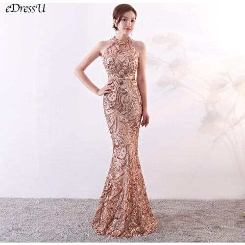 Halt Sequins Mermaid Evening Party Dress Sexy Vestido de Fiesta Elegant Long Dress Cut Out Formal Prom Dress YNY-1213