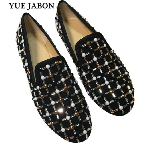YUE JABON Dress Shoes Men Loafers Rhinestones Crystal Slippers Real Leather Luxury Banquet Mens Flats Business Man Footwear