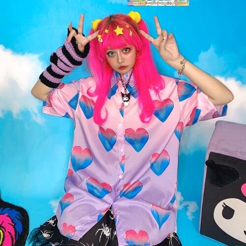 New Summer Women Harajuku Gothic Pink Love Print Short Sleeve Blouse Streetwear Vintage Punk Cool Girl Blouse
