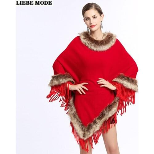 Ladies Winter Faux Fox Fur Poncho Hombre Red Khaki Womens Warm Shawl Cape Femme O-neck Knitted Pullover Black Beige Cloak Coat