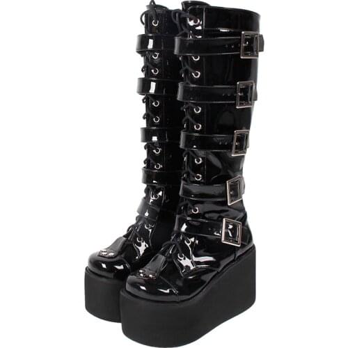 Angelic imprint handmade Women motorcycle cool punk boots lady lolita shoes woman high heels pumps straps rivets lace up 919 PL