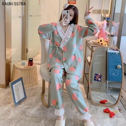 Women Autumn Pajamas Cozy Sleepwear V-Neck Nightshirt Loose Home Set Clothes Postpartum Pregnant Pajama Suit Plus Size