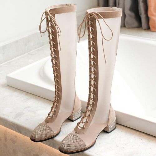 Sexy Low Heels Women Mesh Knee High Boots Summer Motorcycle Boots Genuine Leather Round Toe Night Club Long Shoes Woman