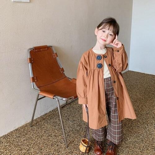 Girls 2021 fashion oversized long style trench jackets 2-6 years children cotton solid color loose thin coats