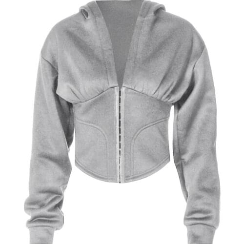 Women Long Sleeve Corset Hoodies Sexy Deep V-Neck Solid Color Crop Top MXMA