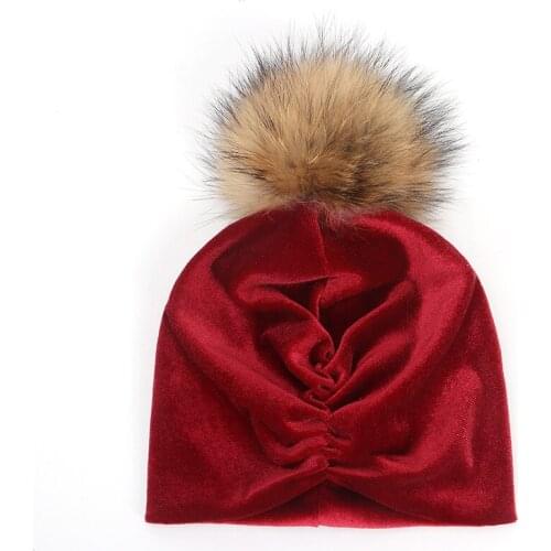 1pcs Winter Baby Girl Velvet Wrinkle Turban Kids Bebe India Caps Real Rabbit Fur Pompom Beanies Hat Boys Newborn Children Hats