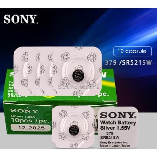 10pc Silver Oxide Watch Battery 379 SR521SW 521 1.55V 100% original brand SONY 379 LR521 521 battery Single grain packing