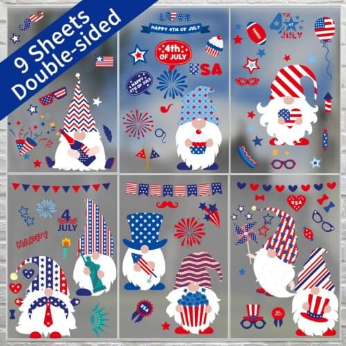 9pcs/set 2021 4th of July American Independence Day Stickers Double Sided Removable Electrostatic Window Glass Decoration Decals
