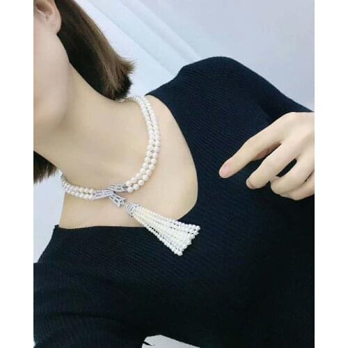 Hand knotted noble 7-8mm white freshwater pearl micro inlay zircon accessories tassels necklace adjustable extension chain