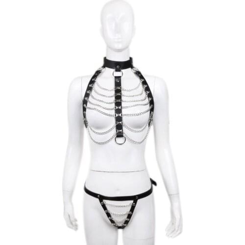 Two Styles of Leather Harness Underwear Panties Suit Sexy Gothic Punk BDSM Bondage Apparel Womans Chest Chain Accessories