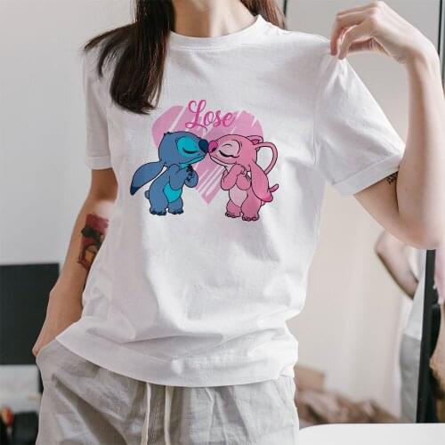 Disney Lilo & Stitch Series Pattern Kawaii Women T-shirts Harajuku Dropship Print Tees White Fashion T Shirt Female Short Sleeve