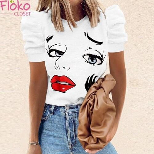 Flokocloset Casual Print O-Neck Short Sleeve T Shirt Women Summer 2021 Graphic T-shirts Tops for Femme