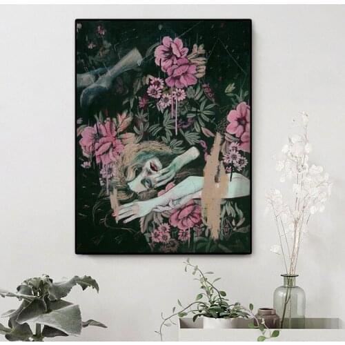 Hd Prints Dark Flower Bush Girl Caress Arm Pictures Wall Artwork Abstract Home Decor Poster Oil Painting on Canvas Living Room