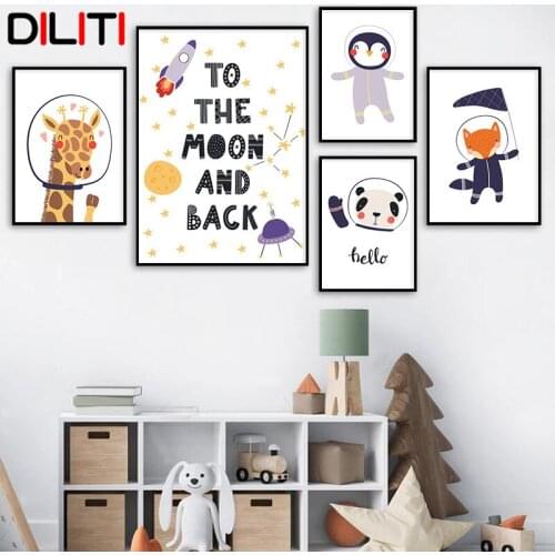Astronaut Rocket Planet Wall Art Pictures Giraffe Deer Panda Canvas Painting Baby Kids Room Decor Cartoon Animal Print Pictures