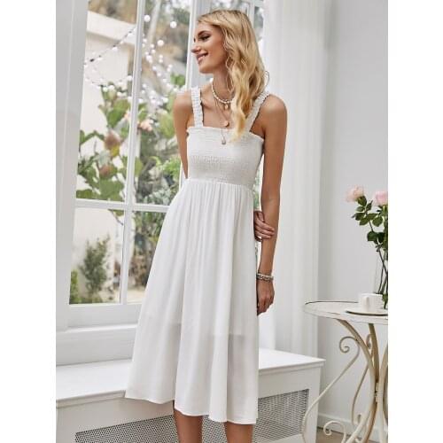 Summer Boho Lettuce Trim, Shirred Midi Solid Shirred Lettuce Trim Cami Dress