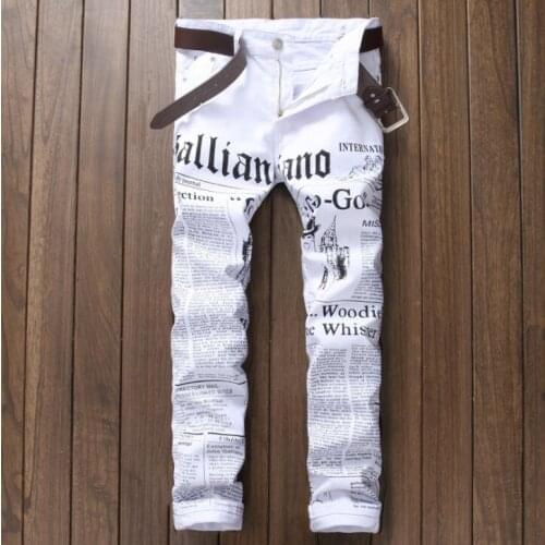 Hot-selling letter jeans mens white european casual mid-waist denim trousers nightclub tight printed pants men clothing