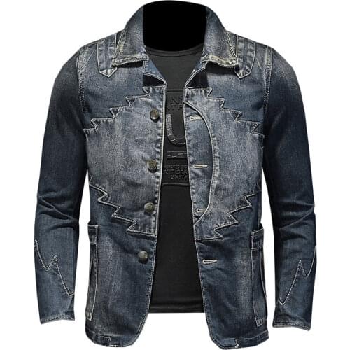 Spring Retro Suit Jeans Jacket Men Denim Coat Bomber Motorcycle Patch Slim Middle Ages Streetwear Cowboy Outwear Clothing