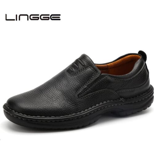 LINGGE 2020 New Men Casual Shoes Cow Leather Men Flats Loafers Brand Men Leather Shoes Black Men Footwear Size 40-45