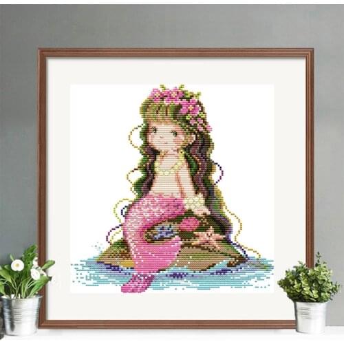 Cute little girl Painting Cross Stitch Kit 14CT Printed Canvas for little mermaid DMC Embroidery Kit 11CT DIY Needlework gift