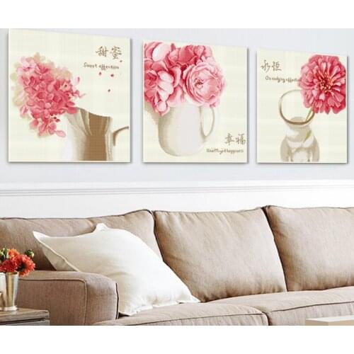 Customizable printed canvas DIY handmade cross stitch European pink flower vase living room home stitching set triptych