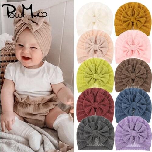 Powmuco Solid Color Bowknot Baby Turban Hat Soft Comfortable Knitting Caps Children Headwear Clothing Decoration Holiday Gifts