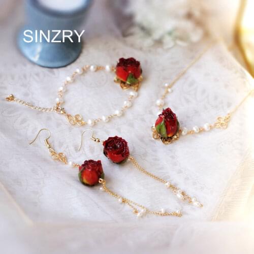 SINZRY unique original jewelry handmade vintage natural pearl preserved rose flower charm chokers necklace bracelet jewelry set