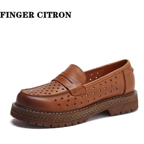 Finger Citron Women Loafer Classic Shoes Genuine Cow Leather Round Toe Rubber Outsole By Handmade Lady Style Size 35-40