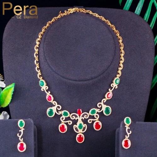 Pera Classic Green Red Ovals Cubic Zirconia Royal Gold Color Women Necklace Earrings Set for Bridal Wedding Party Jewelry J373