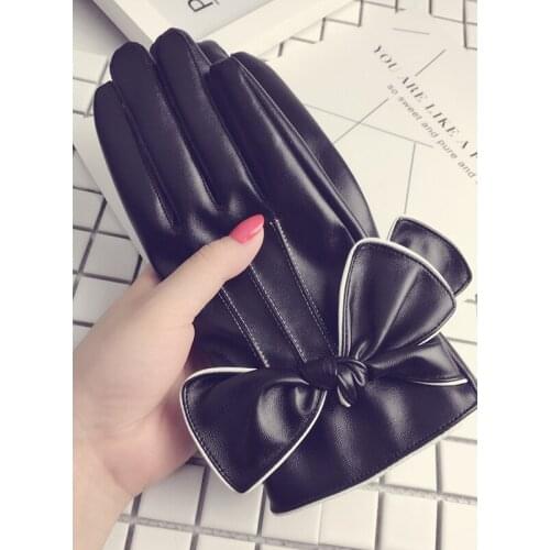 Womens leather gloves riding thickened Plush warm waterproof windproof touch screen outdoor gloves cycling driving