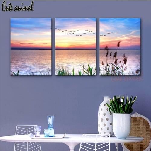 Full Square Diamond embroidery 3 Panel Lakeside Sunset Landscape DIY Diamond mosaic Full Round Diamond painting Cross stitch kit