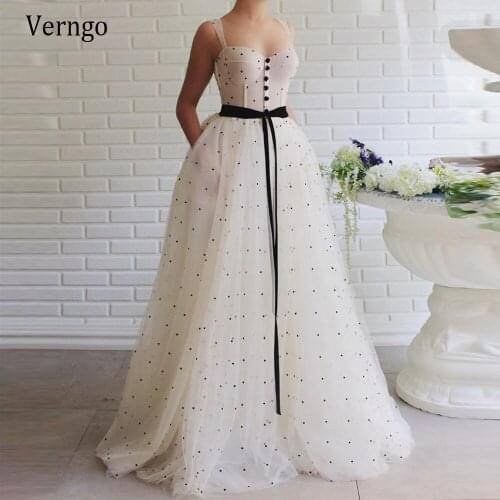Verngo Simple Cream Tulle With Black Polka Dots A Line Wedding Dress Beach 2021 Straps Sweetheart Fishbons Long Formal Gowns