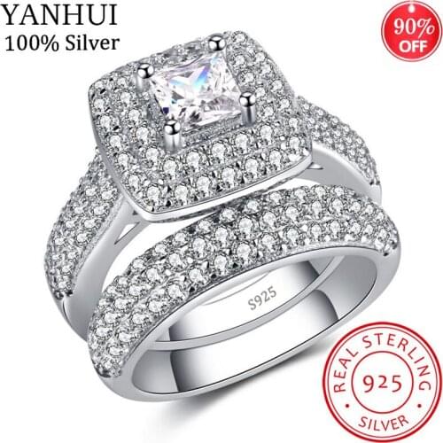YANHUI Elegant Wedding Engagement Rings Set 2 PCS Silver Anniversary Accessories With Full Shiny Cubiz Zircon Stone Gift Jewelry