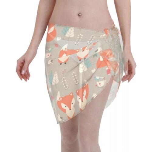 Womens Swim Wear Bikini Cover Up Fox Pattern Beach Mini Wrap Skirt Sarong Pareo Shorts Summer Beachwear