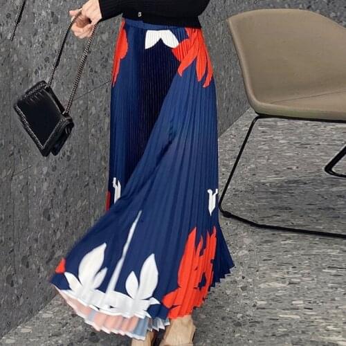 2021 Spring Mid-calf Length Elastic Wais Pleated Navy Blue Streetwear Temperament Casual Skirt For Women Fashion E146