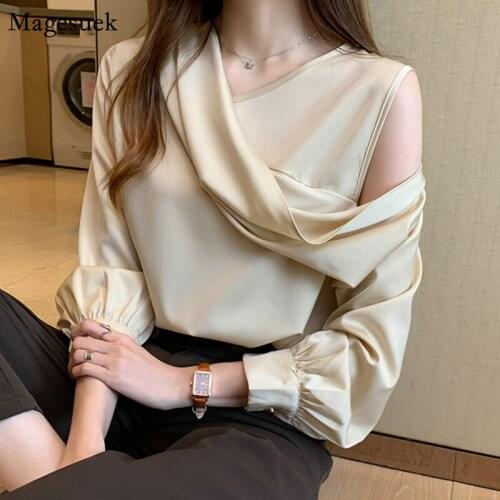 Korean Chic Elegant Solid Satin Blouse Woman Off-Shoulder Long Sleeve V-Neck Slim Chiffon Shirt Women OL Tops Blusas Mujer 11202