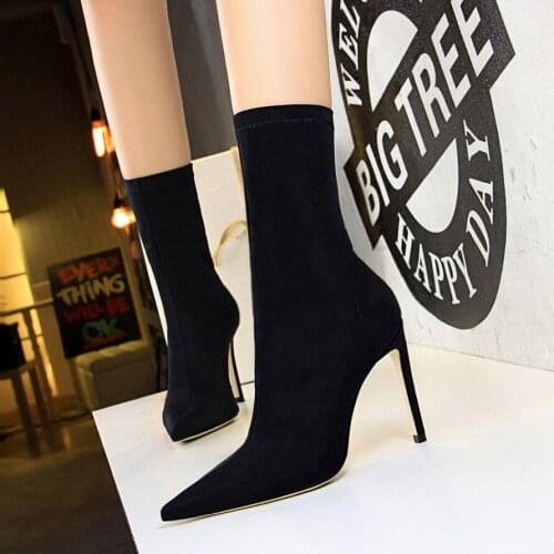 Womens Winter Thin High Heels Boots Stretch Fabric Ladies Sock Boots Autumn Mid calf boots Sexy Pointed Toe Female Pumps 2020