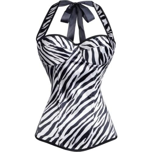 Halter Neck Bustier Tops Sexy Corpetes E Corselet Overbust Satin Zebra Stripe Corset Korsett For Women Plus Size XXL Corsets