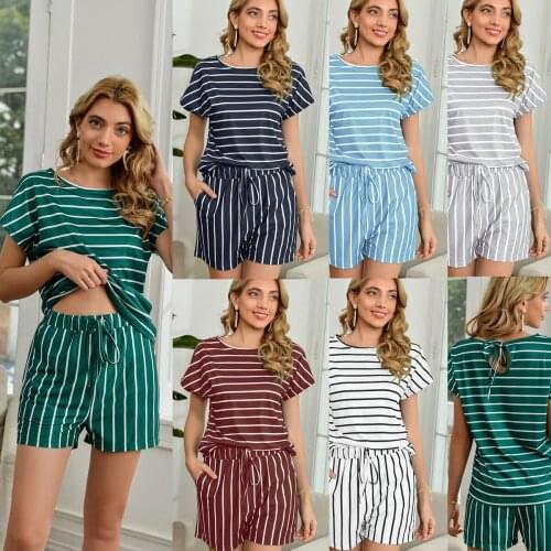 Summer Matching Sets Women Short Sets Womens Clothing Plaid Color Striped Round Neck Fashion Casual Female Big Size C2522