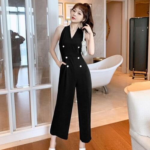 Fashion Korean Vintage Sexy Strapless Sleeveless Jumpsuits Women Elegant Coffee Break V-Neck Black Loose Wide Leg Pants Rompers