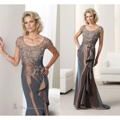 New Lace taffeta Formal Woman Lady Custom Mother Of The Bride Dress Gown o neck Short Sleeves Straight Floor-Length