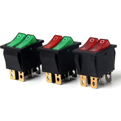10pcs Red Green Double Rocker switch 6 feet 2 gear Electric baking pan switch Oil heater illuminated key button switch KCD8 16A