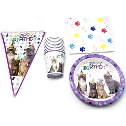 80pcs/lot Girls Favors Hanging Banner Pet Cat Theme Napkins Baby Shower Events Decoration Plates Happy Birthday Party Cups Flags