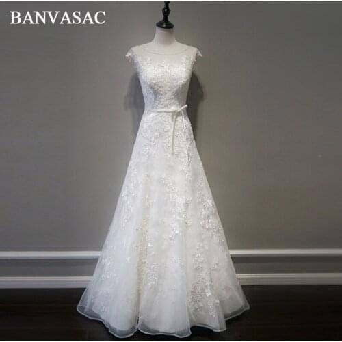 BANVASAC 2018 Real Photos Bow Sash O Neck A Line Lace Appliques Wedding Dresses Plus Size Sweep Train Bridal Gowns