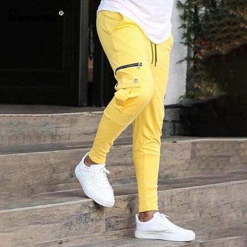 Sexy Men Clothing Slim Pants Streetwear 2021 Summer New Patchwork Zipper Multi-pocket Bottom Yellow Hip Hop Mens Pencil Trouser