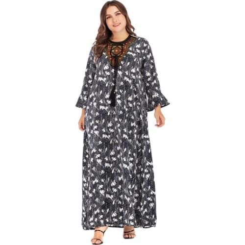 Ethnic Embroidery Long Dress Summer Beaded Lace Print Casual Maxi Dress Fashion Loose Muslim Dubai Plus Size Clothing for Women