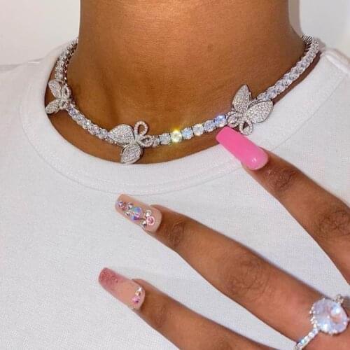 Iced Out Bling AAAA Zircon 5mm Tennis Chain Butterfly Choker Women Hip Hop Fashio Jewelry Silver Color Butterflys Charm Necklace