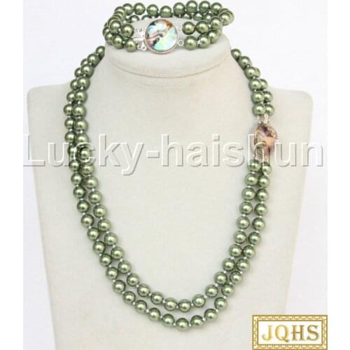 JQHS AAA 17" 8" 2row string green south sea shell pearls necklace bracelet abalone clasp j13186