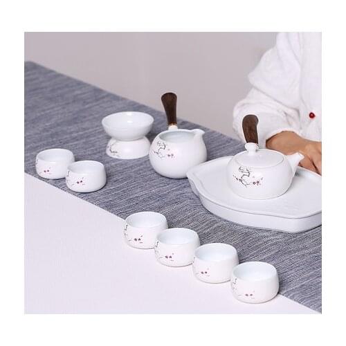 Pottery Kung Fu Tea Set Home Ru Kiln White Tea Pot Grate Bowl Cup Set Gift Box Tea Maker Creative Wooden Handle